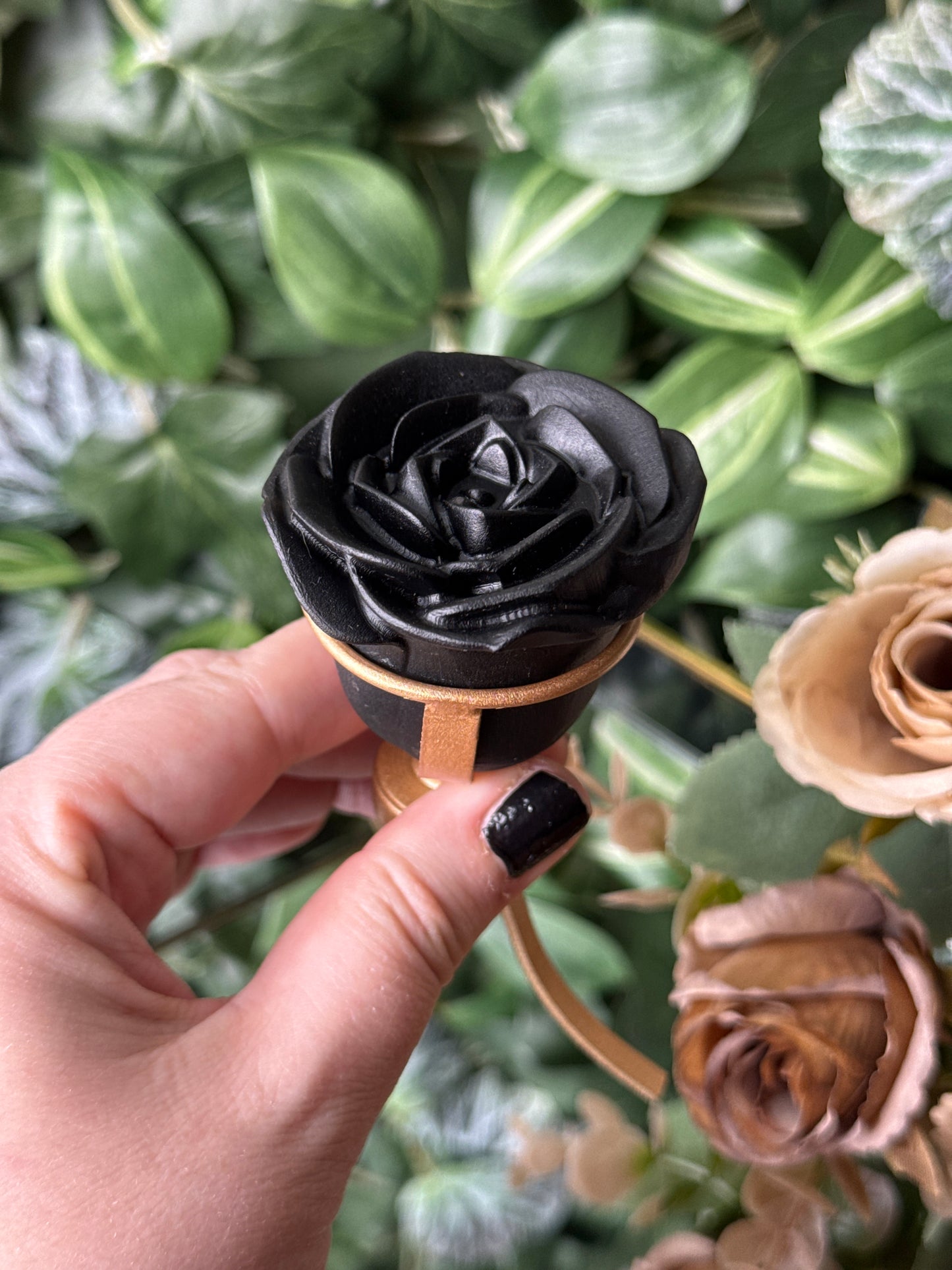 Black obsidian rose on stand