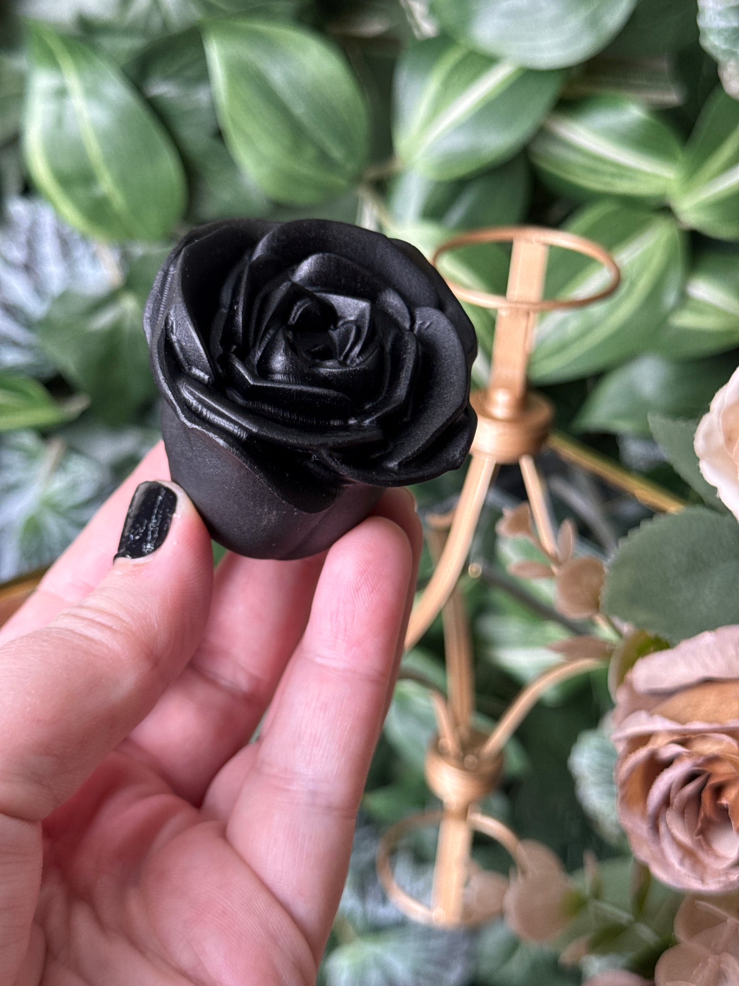 Black obsidian rose on stand