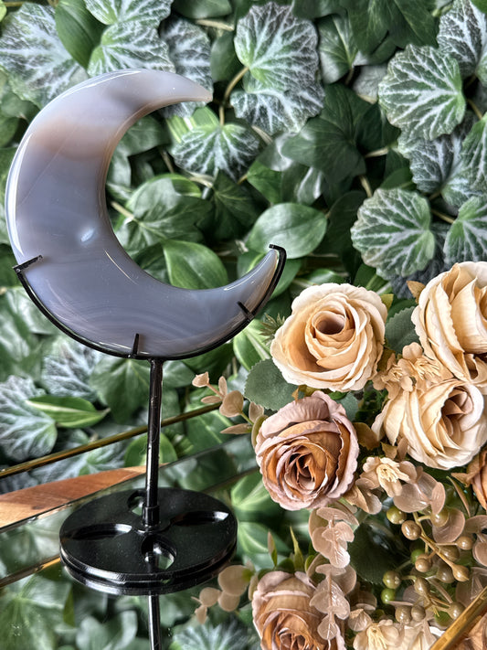 Grey Agate Crescent Moon on Stand