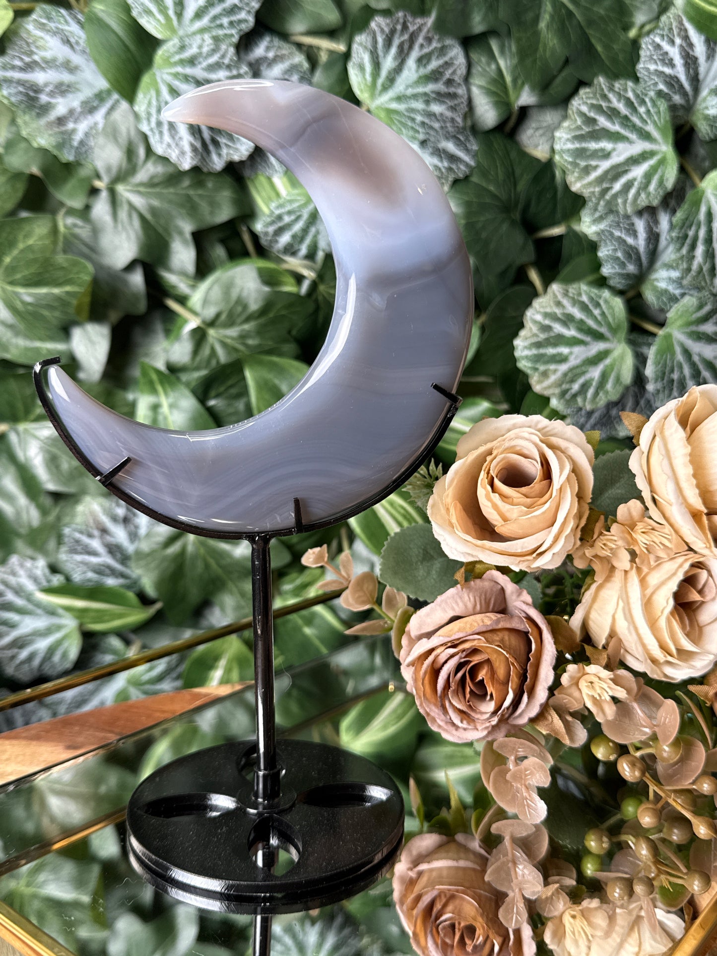 Grey Agate Crescent Moon on Stand