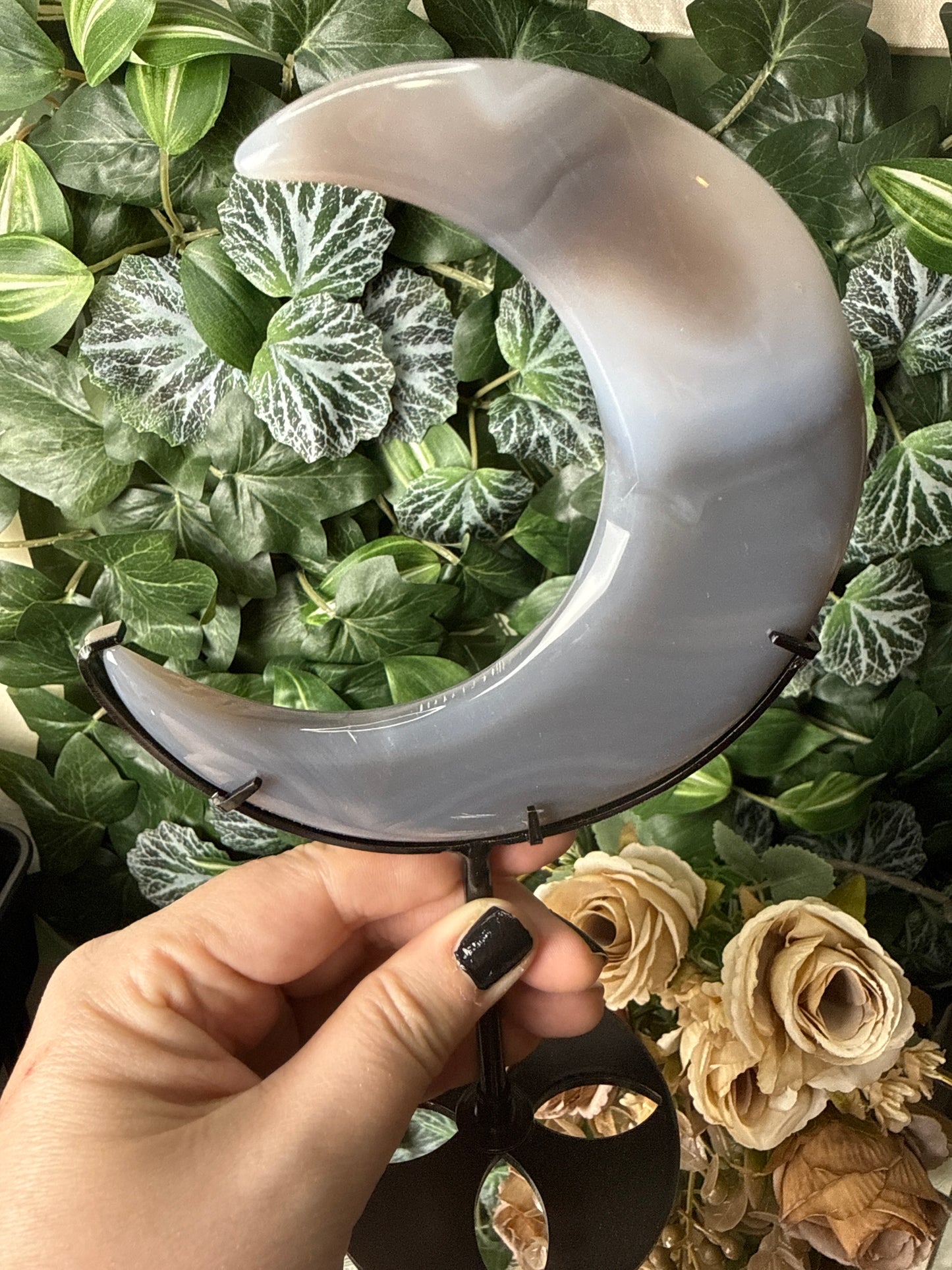 Grey Agate Crescent Moon on Stand
